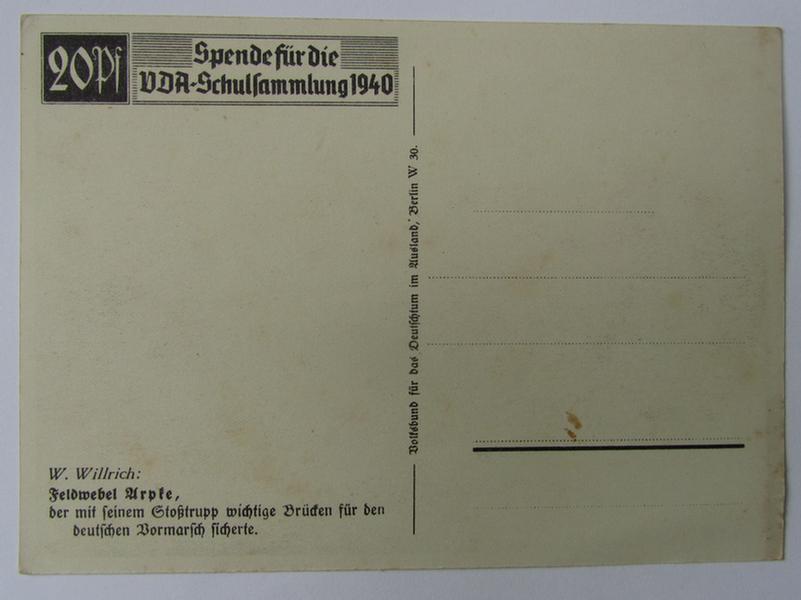 Nice and semi-colourfull so-called: 'Willrich'-type period picture-postcard, depicting the 'FJ (ie. Fallschirmjäger) 'Feldwebel' Arpke - overall nice ie. virtually mint, unissued condition!
