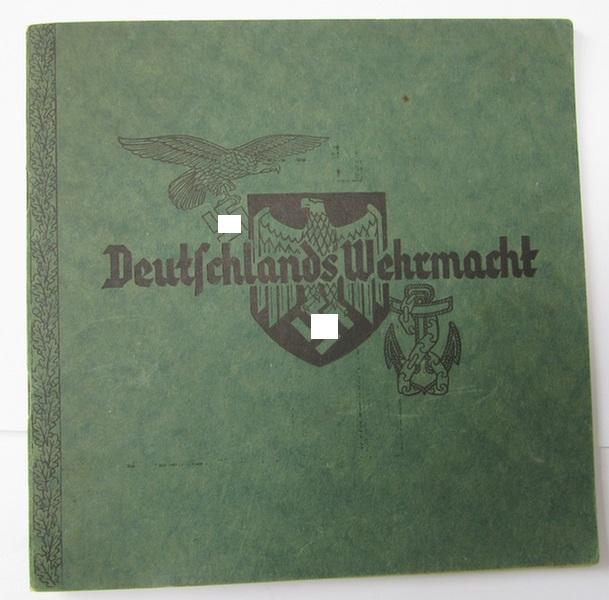 Neat, medium-sized, period-publication ie. album entitled: 'Deutschlands Wehrmacht', full of colour-plates on uniforms and/or insignia, holding 11 (of its original 12) colourfull post-cards - nice, albeit moderately used, condition! 