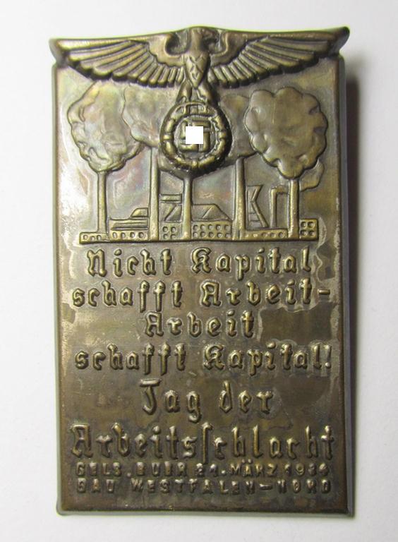 Commemorative- and/or copper-based-, 'DAF'- (ie. 'Deutsches Arbeitsfront'-) related 'tinnie', showing the text: 'Nicht Kapital schafft Arbeit - Arbeit schafft Kapital! - Tag der Arbeitsschlacht - 21 März 1934'