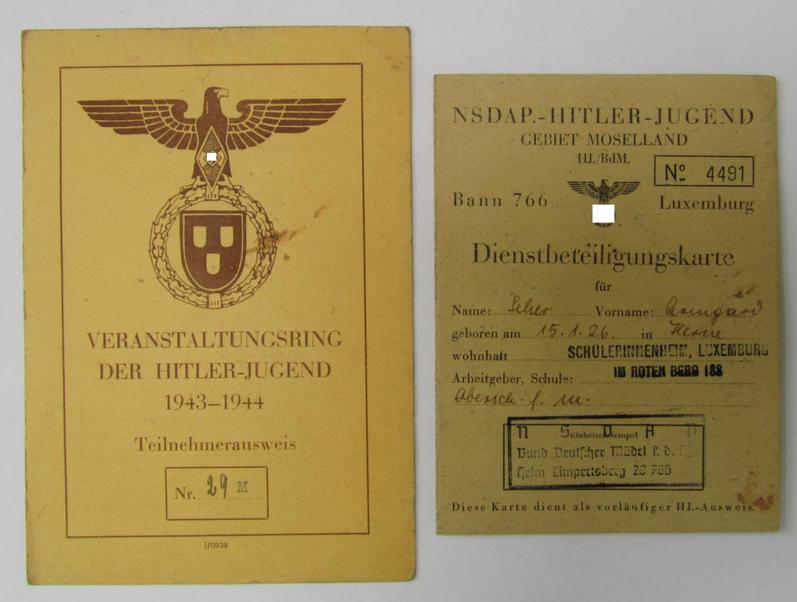 Very nice - and rarely encountered! - 4-pieced Luxemburg- (ie. BDM-) related ID-card-grouping comprising of a: 'BDM-Dienstbeteilungskarte', a: 'Teilnehmer- ausweis' (and more), all 4 items as issued to the: 'BDM-Oberscharführer', Armgard Seher
