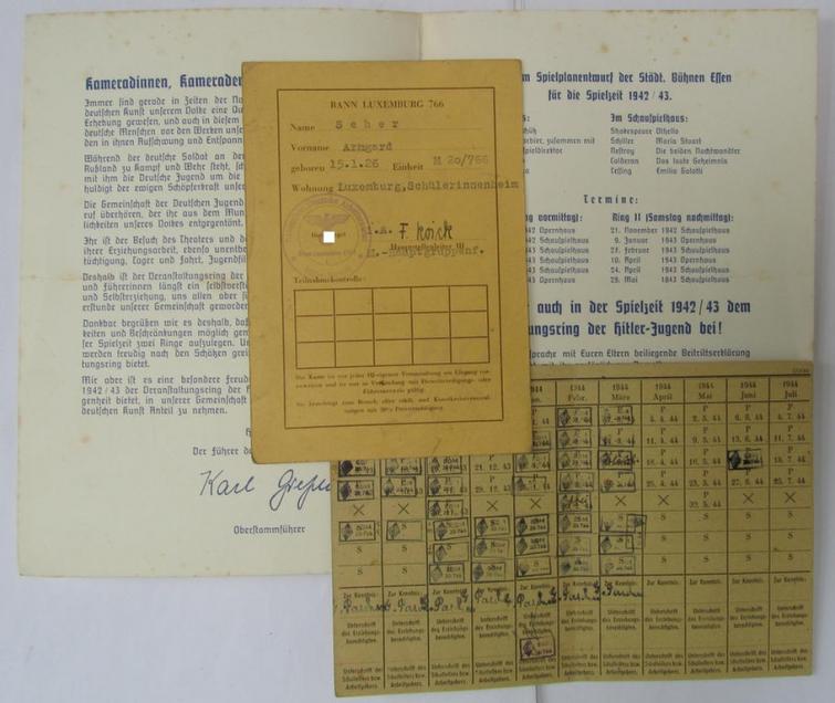 Very nice - and rarely encountered! - 4-pieced Luxemburg- (ie. BDM-) related ID-card-grouping comprising of a: 'BDM-Dienstbeteilungskarte', a: 'Teilnehmer- ausweis' (and more), all 4 items as issued to the: 'BDM-Oberscharführer', Armgard Seher