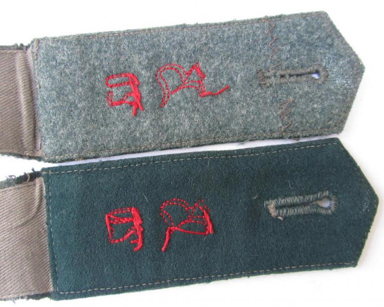 Attractive - and/or truly almost matching! - pair of WH (Heeres), early- (ie. pre-war-) period, 'M36'-pattern- (ie. pointed-styled) 'cyphered' shoulderstraps, as was intended for a: 'Soldat des Artillerie-Beobachtungs-Abteilungs 20'