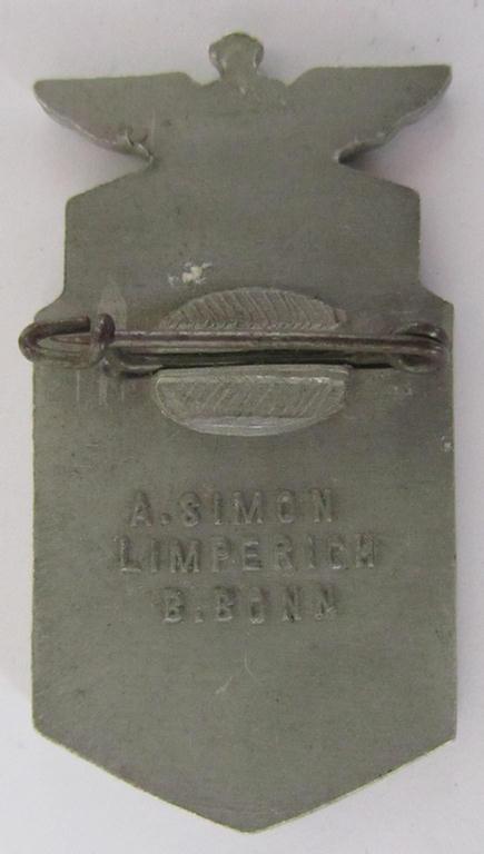Neat, commemorative- and/or aluminium-based-, silver-coloured - N.S.D.A.P.-related 'tinnie', being a maker- (ie. 'A.Simon - Limperich b. Bonn'-) marked example showing the text: 'Kreistag der N.S.D.A.P. - Bonn - 3.-4.8.1935'