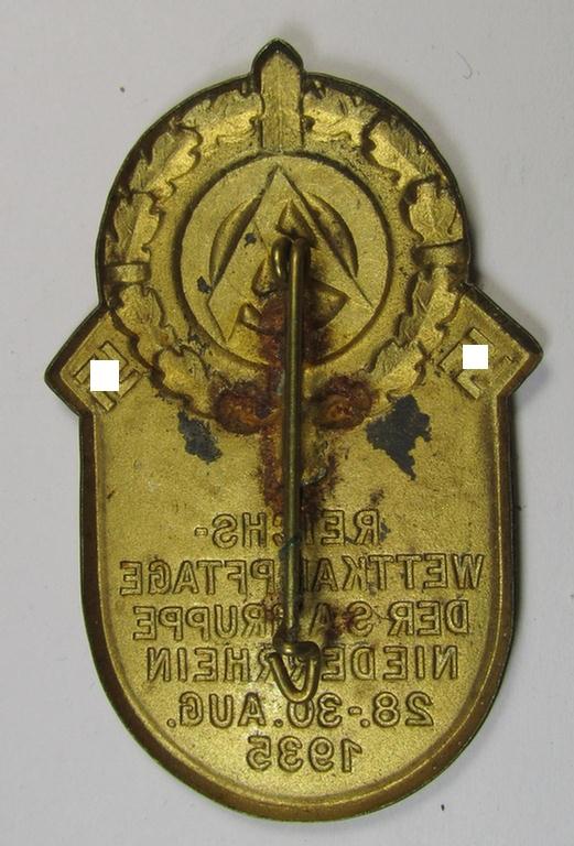 Bright-golden-toned- and/or tin-based SA-related day-badge (ie. 'tinnie' or: 'Veranstaltungsabzeichen') as was issued to commemorate the: 'Reichswettkampftage der SA-Gruppe Niederrhein' held from 28 to 30 August 1935