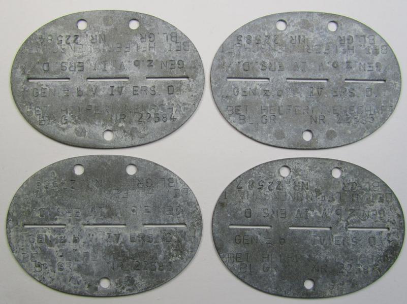 Interesting, zinc- (ie. 'Feinzink'-) based, female-staff-related ID-discs (ie. 'Erkennungsmarken') bearing all four the stamped unit-designation: 'Gen. z.b.V. IV Ers.D. - Betr.Helferinnenschaft' (being all four coming in a 'mint' condition)