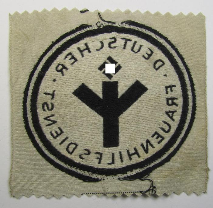 Never before seen - and with certainty rarely encountered! - example of a female-related- (ie. 'NS-Frauenschaft' or German Womens'-Association) 'BeVo'-woven sports'-shirt badge depicting the text: 'Deutscher Frauenhilfsdienst'