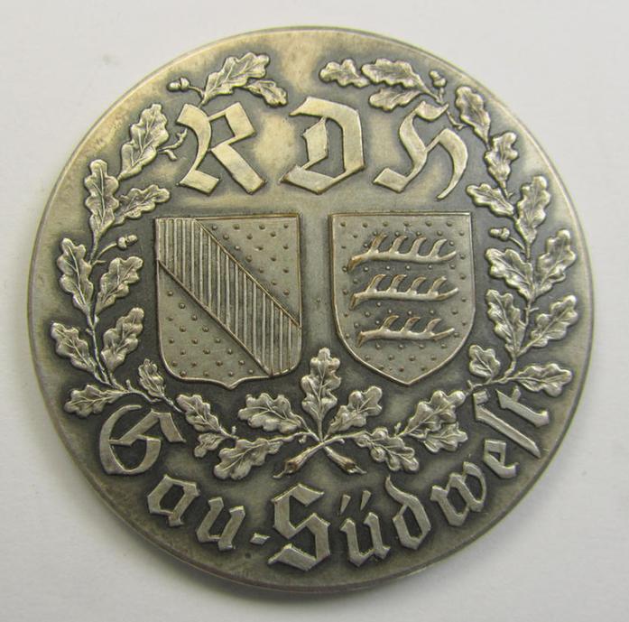 Silver-toned- (ie. 'Buntmetall-based'-), so-called: 'Reichsverband für das Deutsche Hundenwesen' (ie. RDH-) related, commemorative-plaque entitled: 'Für gute Leistung' (ie. 'RDH Gau-Südwest') and that comes stored in its period etui