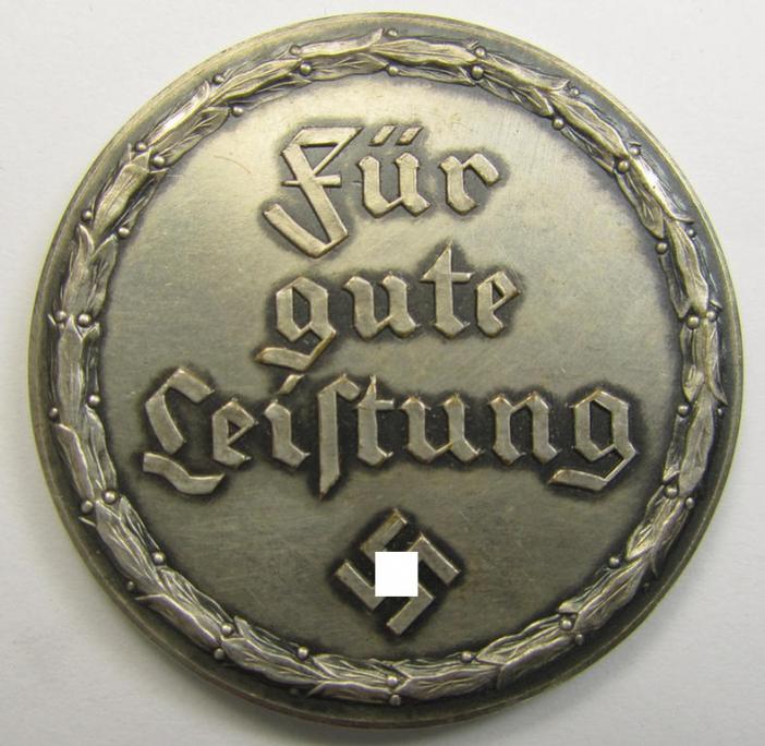Silver-toned- (ie. 'Buntmetall-based'-), so-called: 'Reichsverband für das Deutsche Hundenwesen' (ie. RDH-) related, commemorative-plaque entitled: 'Für gute Leistung' (ie. 'RDH Gau-Südwest') and that comes stored in its period etui