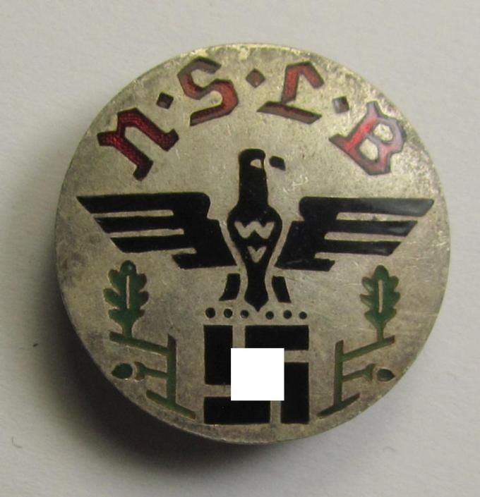 Neatly enamelled- (and multi-coloured!) 'Mitgliedsabzeichen des Nationalsozialistische Lehrerbundes' (ie. 'N.S.L.B.') being a detailed example that shows the makers'-designation: 'Hoffstätter - Bonn' on its back
