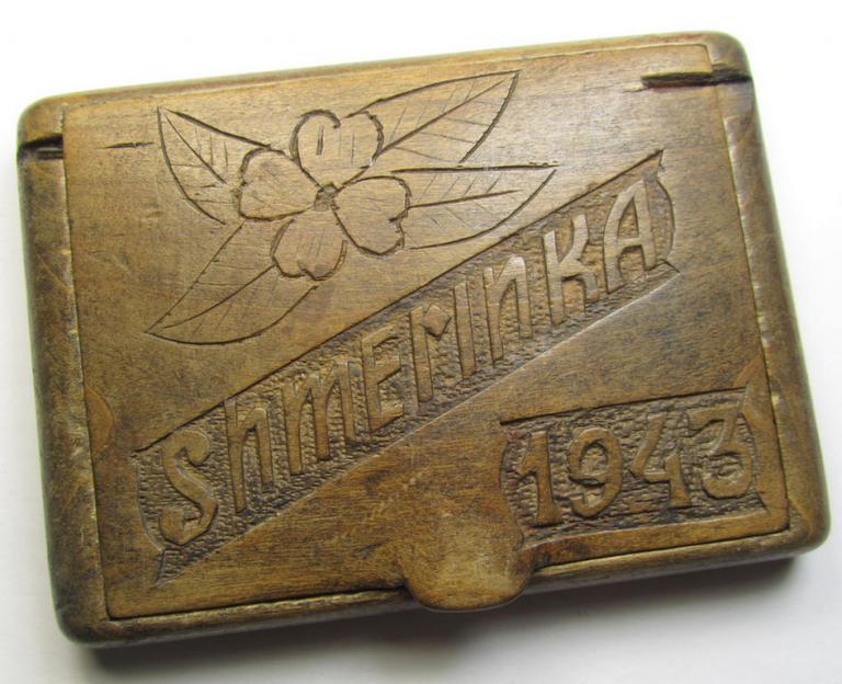 Unusually seen - and most certainly very decorative! - wooden-based- and neatly hand-carved 'souvenir-box' being period-made by a German soldier at the Eastern Front and showing the carved text: 'Shmerinka 1943'