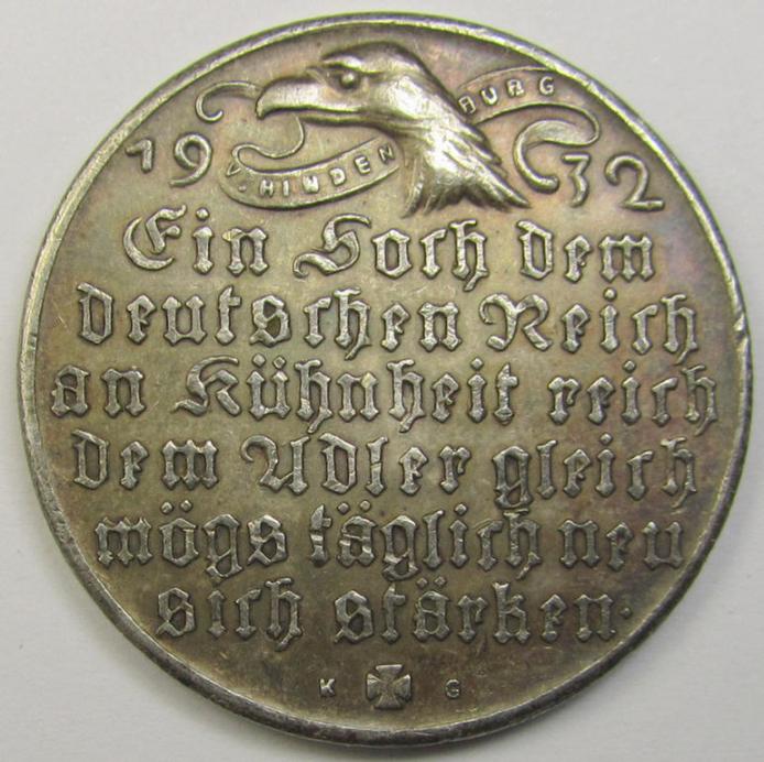 Interesting silver-toned- (ie. genuine silver-based) so-called: 'Erinnerungs- o. nichttragbare Medaille' by the artist Karl Goetz that was issued to commemorate the re-election of Paul von Hindenburg in the year 1932