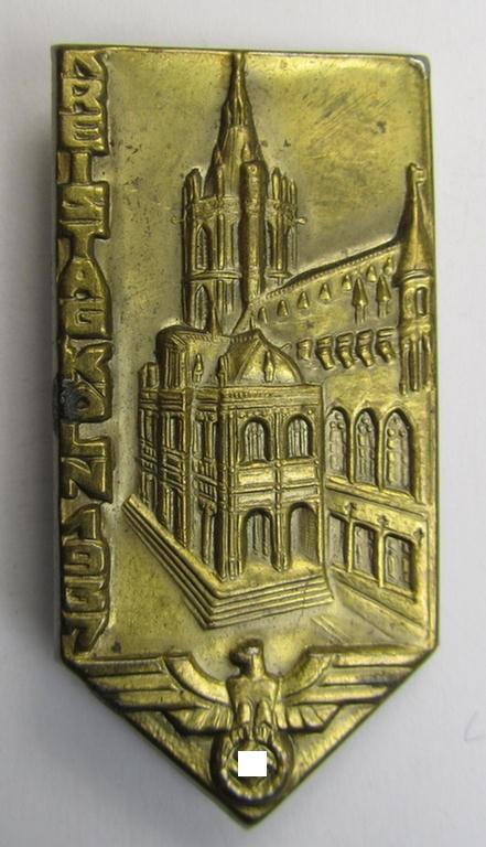 Commemorative, tin-based- and/or: bright golden-toned N.S.D.A.P.-related 'tinnie' showing an illustration of the 'Köelnner Dom' and eagle-/swastika-device flanked by the text: 'Kreistag Köln 1937'