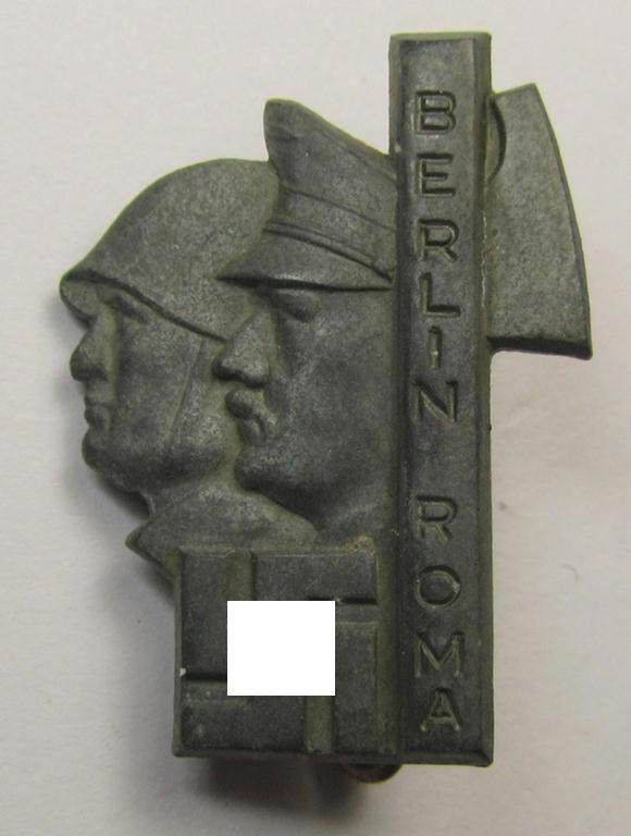 Attractive - and actually scarcely encountered! - commemorative lapel-pin (ie. 'Veranstaltungsabzeichen') being a 'Deschler'-marked example depicting Hitler and Mussolini and text: 'Berlin - Roma'