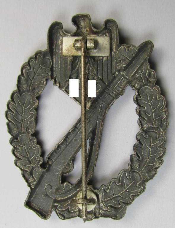 Superb, 'hollow-back' 'Infanterie Sturmabzeichen in Silber' (or: silver infantry-assault badge ie. IAB) being a non-maker-marked example as executed in zinc-based metal (ie. 'Feinzink') as was produced by the: 'Wilh. Deumer'-company