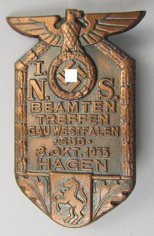 Attractive, (I deem) DAF- (ie. 'Deutsches Arbeitsfront') related day-badge (ie. 'tinnie'), as was specifically issued to commemorate the: 'I. N.S. Beambten Treffen - Gau Westfalen-Süd - 8. Okt. 1933 - Hagen'