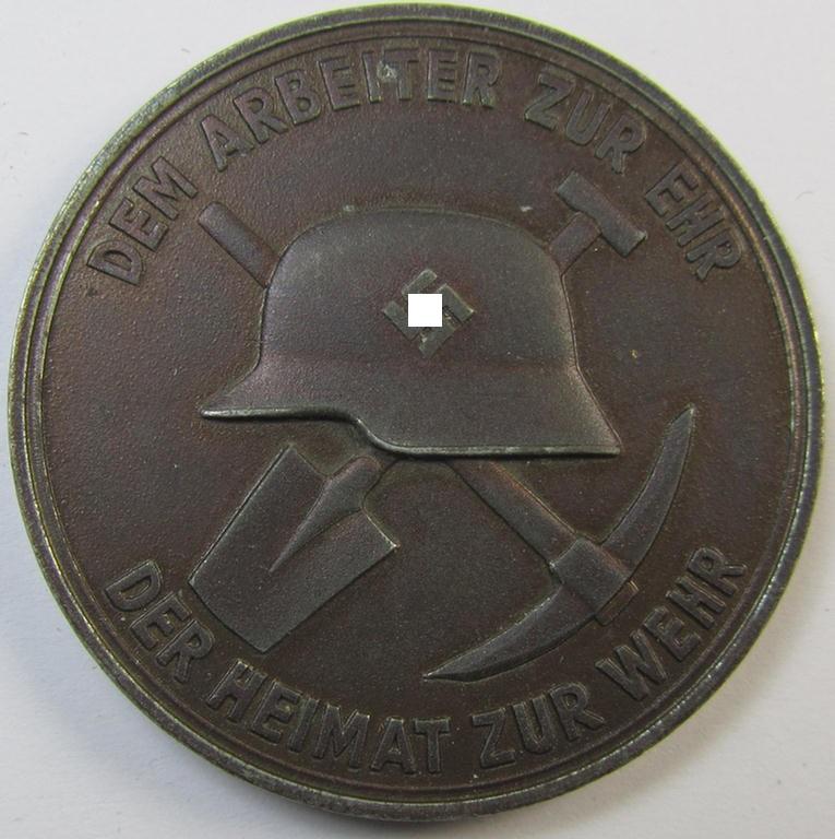 Interesting, bronze-toned, commemorative award-plaque entitled: 'Dem Arbeiter zur Ehr - Der Heimat zur Wehr - Philipp Holzmann - Freiburg i/B 1938' that comes as issued and/or stored for decades