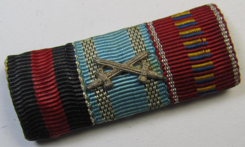 Unusually seen, 3-pieced, WH (Heeres, LW etc.) ribbon-bar (ie. 'Band- o. Feldspange') showing resp. the ribbons for a: Czech 'Anschluss'-medal, a: Bulgarian medal: 'Za Chabrost' and a: Romanian medal 'Kreuzzug gegen den Kommunismus'