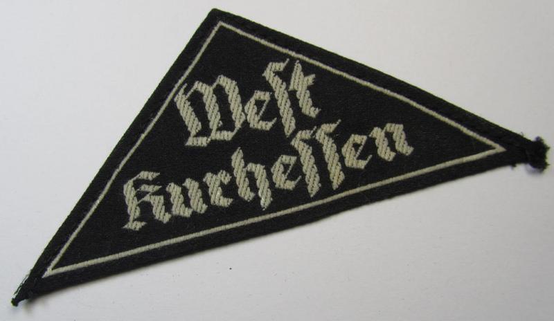 Attractive - and actually rarely seen! - HJ/BDM (ie. 'Hitlerjugend' or: 'Bund Deutsche Mädel') district-triangle (ie. 'Gebietsdreieck') entitled: 'West Kurhessen' (being a 'virtually mint' example that has lost its once present 'RzM-etiket')