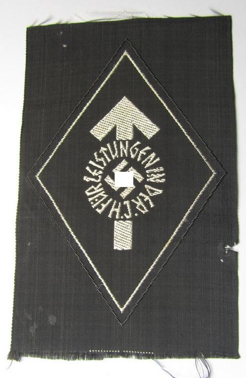 HJ/BDM- (ie. 'Hitlerjugend'/'Bund Deutscher Mädel'-) so-called: 'Leistungsabzeichen in Silber' (or: silver-class youth sports'-badge) being a cloth-version as executed in the neat: 'BeVo'-weave pattern that still retains its period 'RzM'-etiket