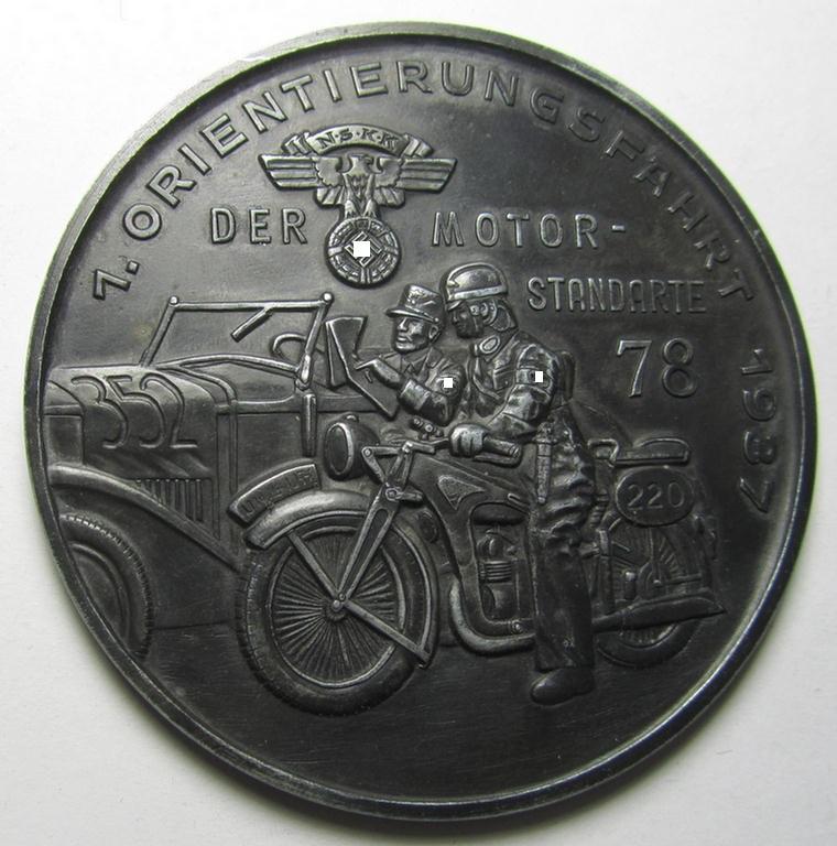 Superb, commemorative N.S.K.K.-related plaque (ie. 'Erinnerungs- o. nichttragbare Auszeichnungsplakette') showing two N.S.K.K.-vehicles and text: '1. Orientierungsfahrt der Motor-Standarte 78 - 1937'
