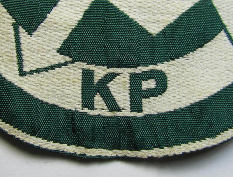 Attractive - and scarcely encountered! - SA (ie. 'Sturmabteilungen'), 'BeVo'-woven sport-shirt insignia still showing its period-attached 'RzM'-etiket as was intended for an SA-member who served within the: 'Gruppe Kurpfalz' (KP)