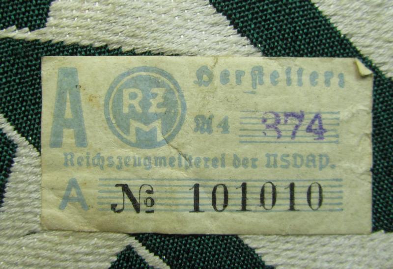 Attractive - and scarcely encountered! - SA (ie. 'Sturmabteilungen'), 'BeVo'-woven sport-shirt insignia still showing its period-attached 'RzM'-etiket as was intended for an SA-member who served within the: 'Gruppe Kurpfalz' (KP)