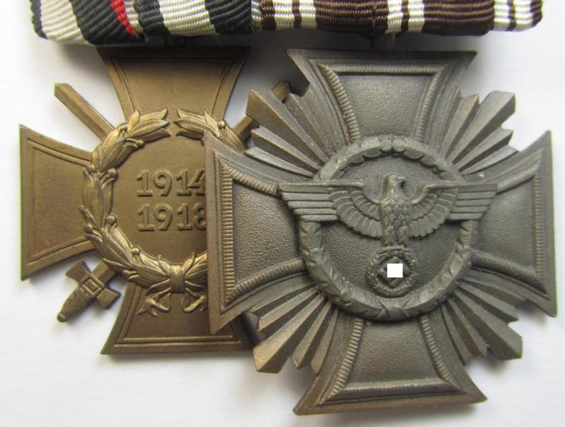 Superb, 2-pieced N.S.D.A.P.-related medal-bar (ie. 'Ordenspange') showing resp. an: a: 'FKK 1914-18 mit Schwn.' and a: 'N.S.D.A.P.-Dienstausz. in Bronze' (ie. '3. St. für 10 Jahre t. D.') that both come mounted as a (detachable!) 'Doppelspange'