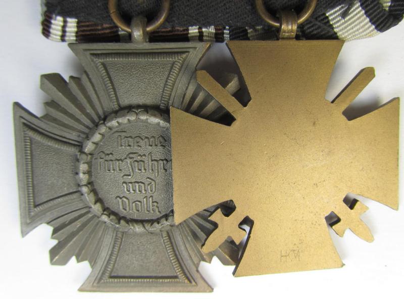 Superb, 2-pieced N.S.D.A.P.-related medal-bar (ie. 'Ordenspange') showing resp. an: a: 'FKK 1914-18 mit Schwn.' and a: 'N.S.D.A.P.-Dienstausz. in Bronze' (ie. '3. St. für 10 Jahre t. D.') that both come mounted as a (detachable!) 'Doppelspange'