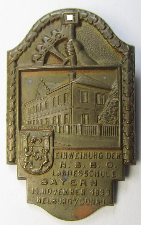 Unusually seen, commemorative DAF/NSBO- (ie. 'Deutsches Arbeitsfront') related day-badge (ie. 'tinnie') as issued to commemorate the: 'Einweihung der N.S.B.O. Landesschule Bayern - 19. November 1933 - Neuburg'