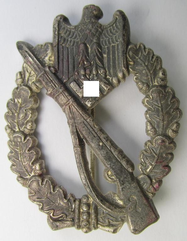 Attractive, 'hollow-back'-pattern 'Infanterie Sturmabzeichen in Silber' (or: silver infantry-assault badge ie. IAB) being a non-maker-marked example as executed in zinc-based metal (ie. 'Feinzink') as was produced by the: 'Wilh. Deumer'-company