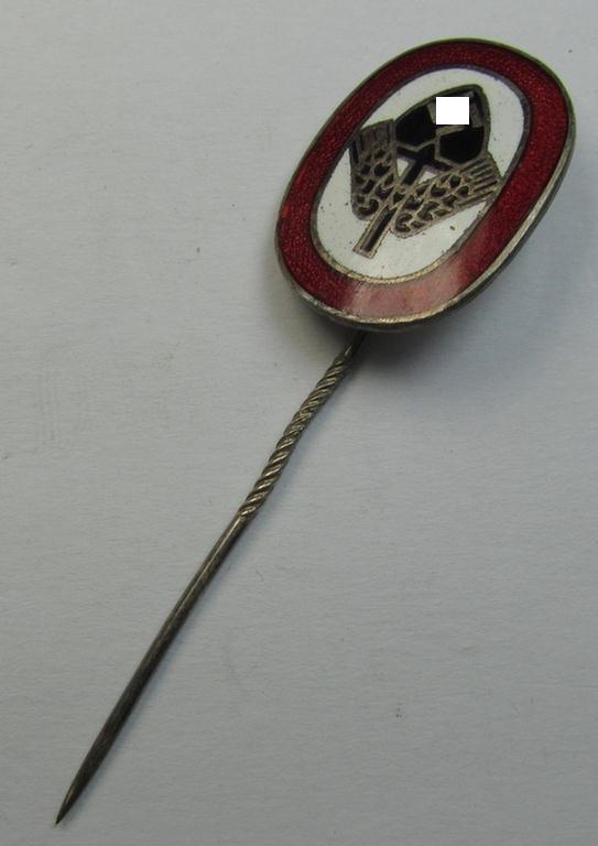 Neat, multi-coloured-enamelled lapel-pin (aka: 'RAD-Erinnerungsnadel') being a neatly maker- (ie. 'P.& L.'-) marked example that shows a: 'Ges.Gesch.'-marking as was intended for the: 'Reichsarbeitsdienst der Männer (RAD/M)'