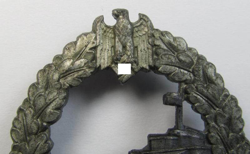 Attractive - albeit moderately worn! - WH (Kriegsmarine) 'Zerstörerkriegsabzeichen' being a maker-marked example as executed in zinc-based metal (ie. 'Feinzink') as was produced by the desirable maker (ie. 'Hersteller'): 'Schwerin - Berlin'