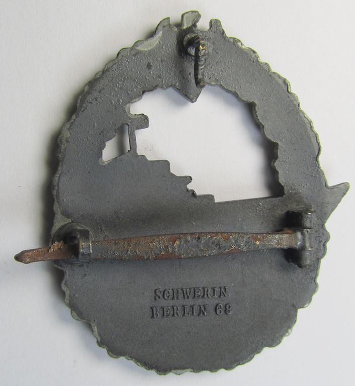 Attractive - albeit moderately worn! - WH (Kriegsmarine) 'Zerstörerkriegsabzeichen' being a maker-marked example as executed in zinc-based metal (ie. 'Feinzink') as was produced by the desirable maker (ie. 'Hersteller'): 'Schwerin - Berlin'