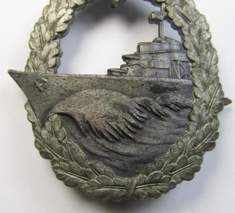 Attractive - albeit moderately worn! - WH (Kriegsmarine) 'Zerstörerkriegsabzeichen' being a maker-marked example as executed in zinc-based metal (ie. 'Feinzink') as was produced by the desirable maker (ie. 'Hersteller'): 'Schwerin - Berlin'