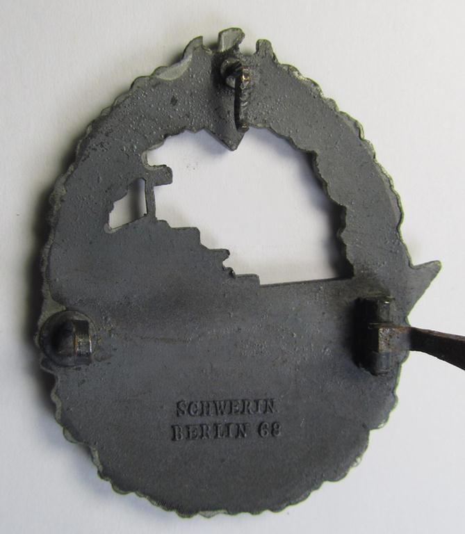 Attractive - albeit moderately worn! - WH (Kriegsmarine) 'Zerstörerkriegsabzeichen' being a maker-marked example as executed in zinc-based metal (ie. 'Feinzink') as was produced by the desirable maker (ie. 'Hersteller'): 'Schwerin - Berlin'