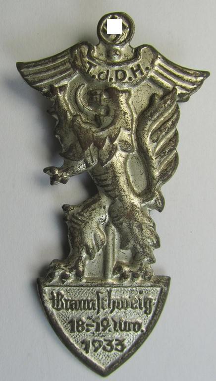 Commemorative - silver-toned- and/or zinc- (ie. tin-) based - N.S.D.A.P.-related 'tinnie' being a non-maker-marked example depicting an illustration of a lion and swastika coupled with the text: 'T.d.D.H. - Braunschweig - 18.19. Nov. 1933'