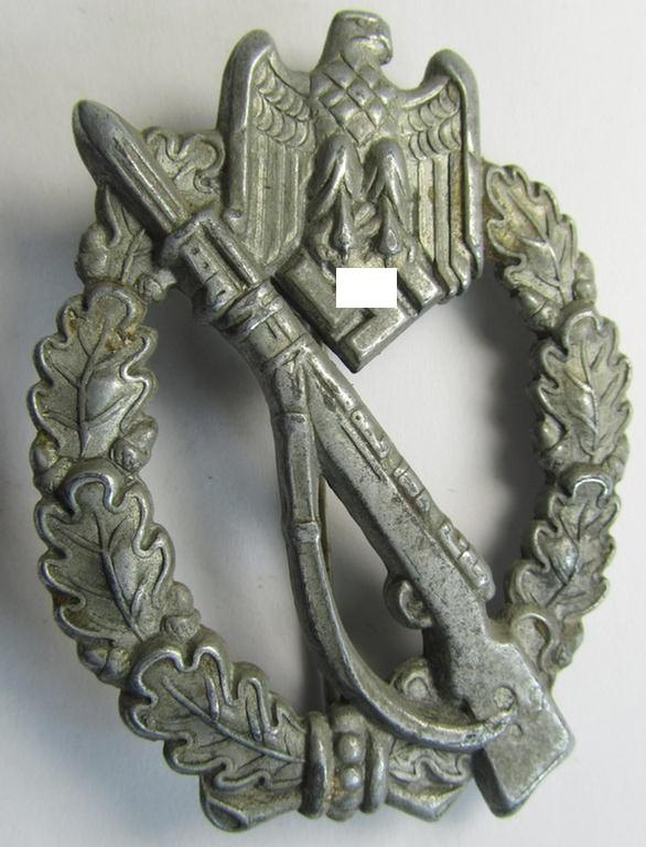 Attractive, 'Infanterie Sturmabzeichen in Silber' (or: silver-class infantry assault badge ie. IAB) being an unmarked example as executed in zinc-based metal (ie. 'Feinzink') as was (I deem) produced by the: 'A. Rettenmaier'-company