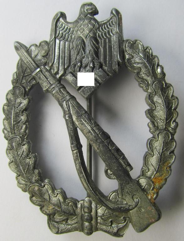 Attractive, 'Infanterie Sturmabzeichen in Silber' (or: silver-class infantry assault badge ie. IAB) being an unmarked example as executed in zinc-based metal (ie. 'Feinzink') as was (I deem) produced by the: 'A. Rettenmaier'-company