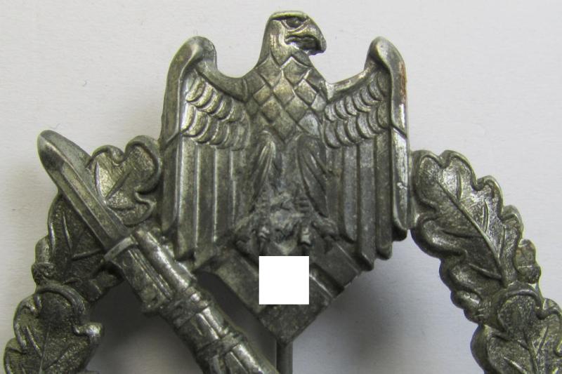 Attractive, 'Infanterie Sturmabzeichen in Silber' (or: silver-class infantry assault badge ie. IAB) being an unmarked example as executed in zinc-based metal (ie. 'Feinzink') as was (I deem) produced by the: 'A. Rettenmaier'-company