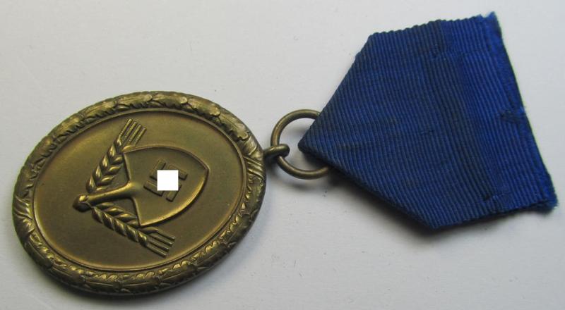 Attractive example of a: RAD (ie. 'Reichsarbeitsdienst'): 'Dienstauszeichnung 4. Stufe für Männer' as was intended for 4 years loyal-service and that comes mounted onto its period (broad-sized) ribbon (ie. 'Bandabschnitt')