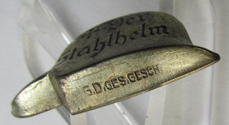 Attractive lapel-pin (ie. 'Zivilabzeichen') denoting membership within: 'Der Stahlhelm' - Bund der Frontsoldaten (Sta)' being a neatly maker- (ie. 'G.D.'-) marked example that is executed in silvered metal (ie. 'Buntmetall')
