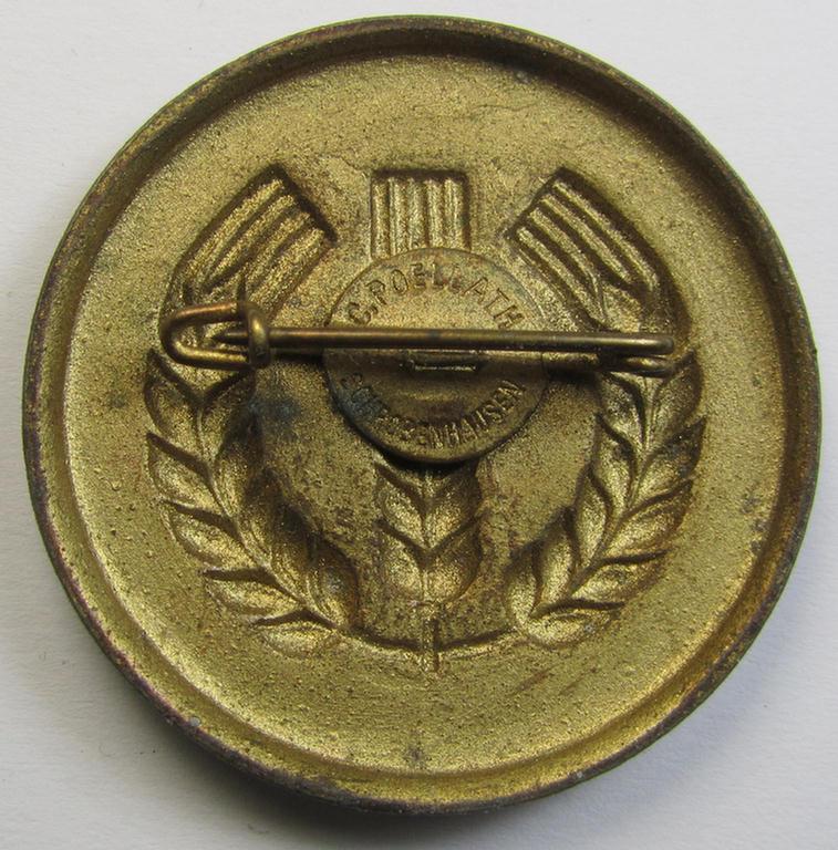 Attractive, so-called: 'Reichsnährstand'- (ie. 'RNSt.'-) related commemorative brooch ('Brosche') being a maker- (ie. 'C. Poellath'-) marked example showing the text: 'Kriegserntedank an die Bauerin - Landesbauernschaft Südmark'