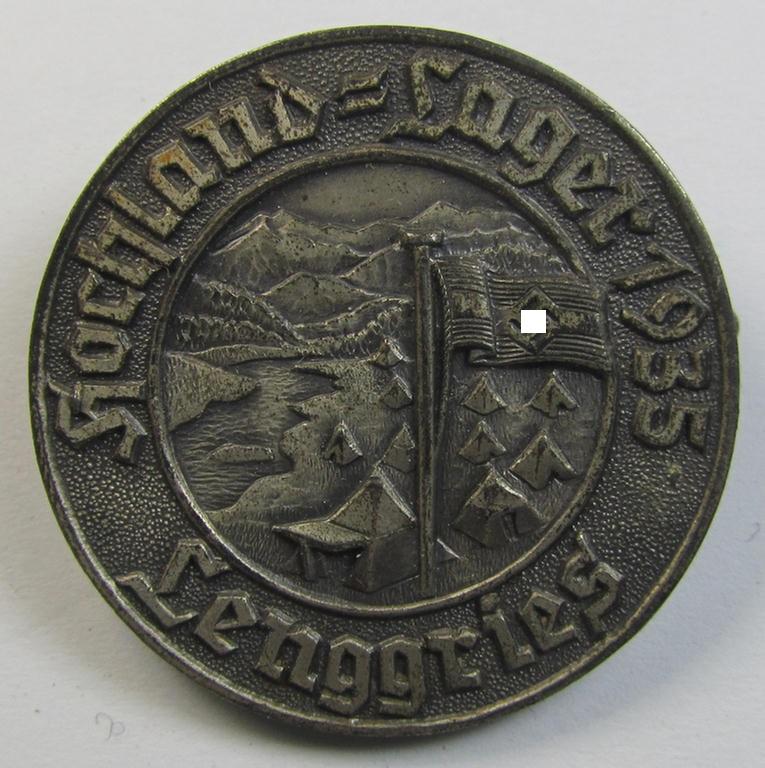 Superb - and scarcely encountered! - commemorative (and I deem) 'Buntmetall'-based 'HJ'-related 'tinnie' being a non-maker-marked example depicting a mountain-scene and flying 'HJ-Fahne' coupled with the text: 'Hochland-Lager 1935 - Lengries'