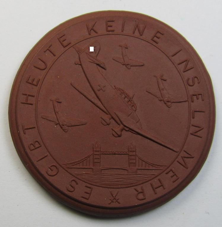 Attractive - and not that often encountered! - brownish-red-toned- and/or: 'Meissen'-porcelain-based: 'Erinnerungs- o. nichttragbare Medaille' showing some Stuka’s and bearing the text: 'Es gibt heute keinen Inseln mehr'