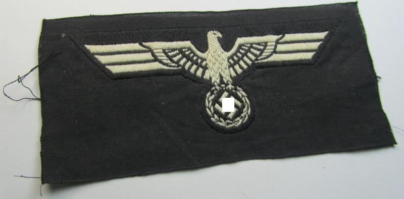 Neat, WH (Heeres) early- (ie. pre-) war-period- and/or white-coloured 'Panzer'-type breast-eagle of the so-called: 'M35'- (ie.'M36'-) pattern as was executed in the neat 'BeVo'-weave pattern on a black-coloured background