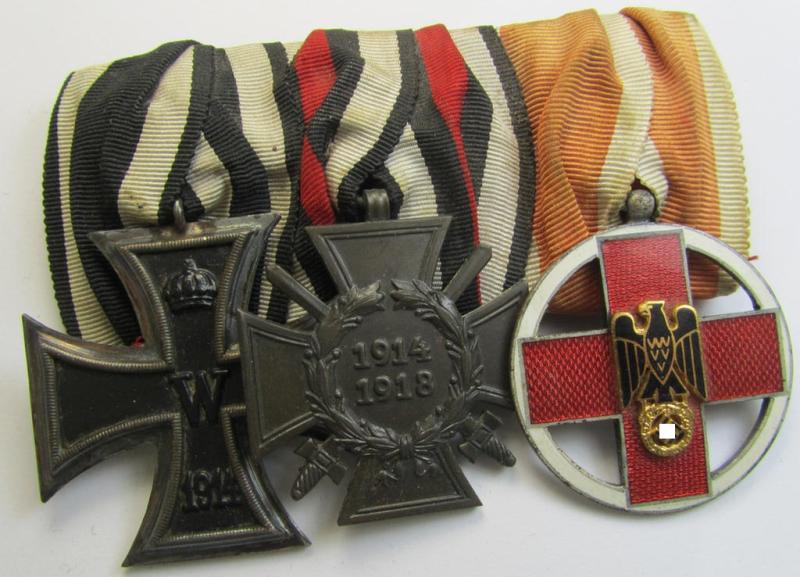 Attractive, WWI- (ie. TR-) period so-called: 'Ordenspange' (being of the non-'detachable-pattern') showing resp. an: 'EK II. Kl.'. a: 'FKK 1914-18 mit Schw.' and a (scarcely seen!): 'DRK-Ehrenzeichen des 3. Modell'