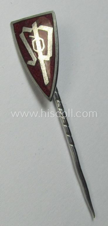 Neat, multi-coloured enamelled membership-lapel-pin (ie. 'Mitgliedsabzeichen') as intended for members serving within the: 'Sudetendeutschen Partei' (being a nicely preserved and/or typical non-maker-marked example that comes as recently found)