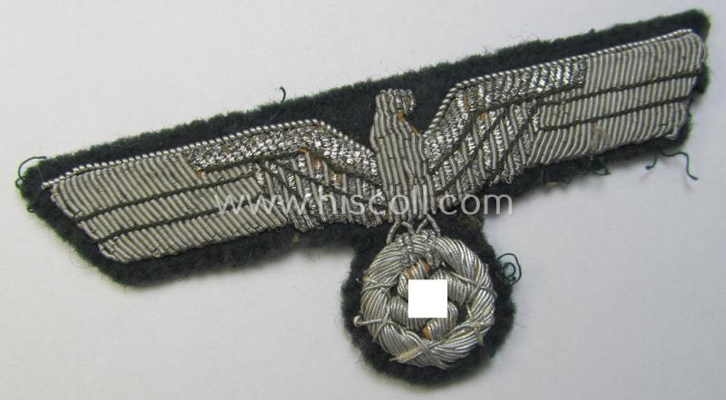 Attractive - and just moderately used! - WH (Heeres) officers'-type, hand-embroidered breast-eagle (ie. 'Brustadler für Offiziere') as was executed in bright-silverish-coloured braid as was intended for usage on the various officers'-pattern tunics