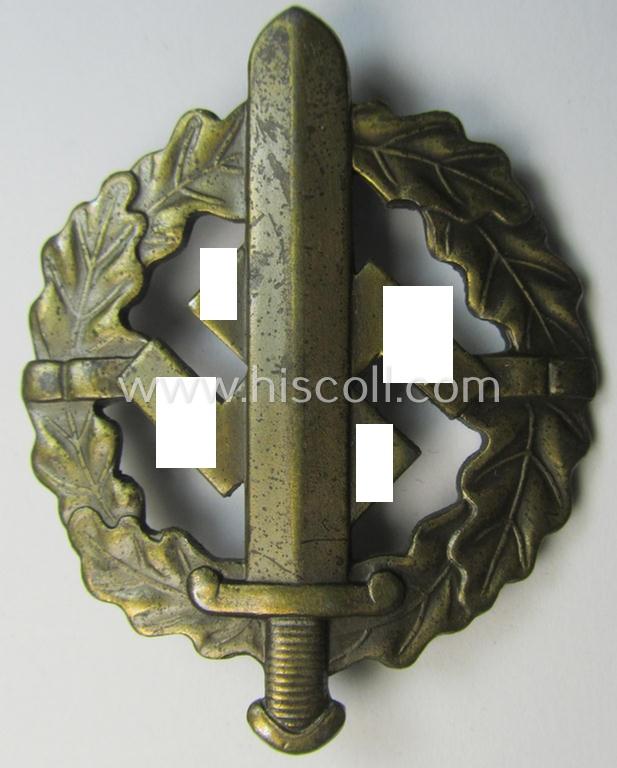Neat - and just moderately used! - early- (ie. mid-) war period example of an: 'SA-Sportabzeichen in Bronze' being a nicely maker- (ie. 'W. Redo - Saarlautern'-) marked example that is void of an an impressed bearers'-number