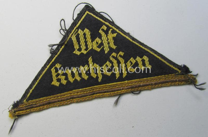 Attractive - and rarely encountered! - HJ/BDM ('Hitlerjugend'/'Bund Deutscher Mädel') district-triangle (ie. 'Gebietsdreieck') entitled: 'West Kurhessen' (having a golden-toned 'honorary-stripe' attached signifying HJ-membership before 1933)